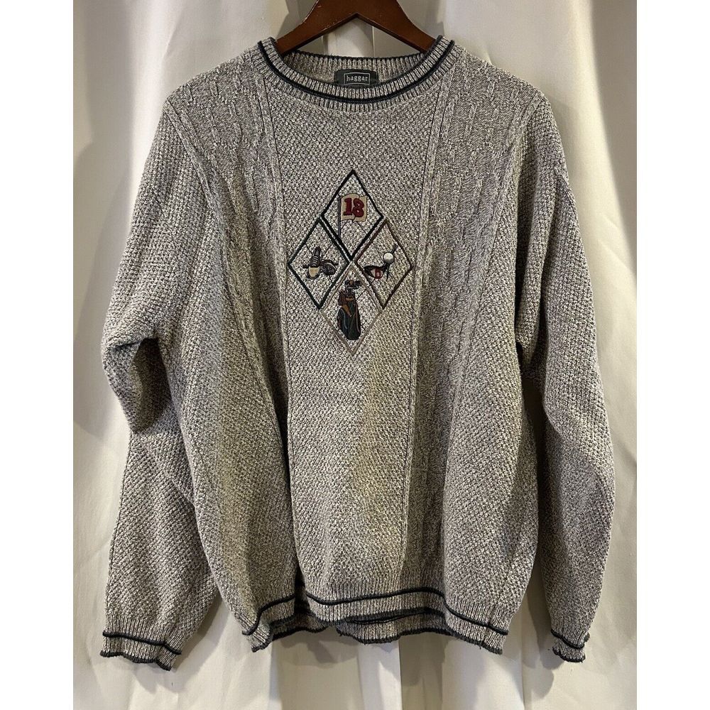 Vintage Haggar Tour Sweater Men X-Large Gray Golf Crew Neck Embroidered‎